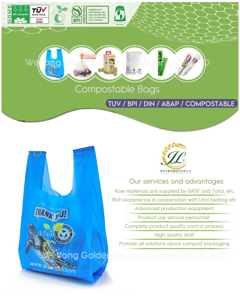 Eco Friendly Compostable Biodegradable Corn Starch /Pbat/PLA T-Shirt Shopping Bags Plastic Bags Ok Compostable Carry Bags